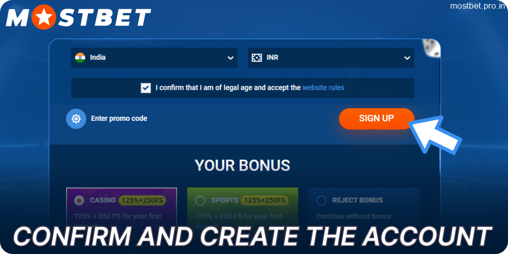 Confirm and create the account on Mostbet